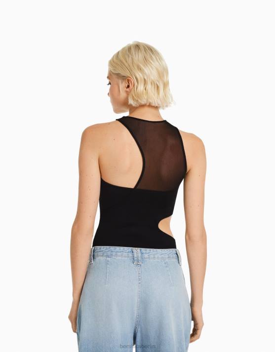 Schwarz Bershka Frauen Ärmelloser Body mit Ausschnitt und Mesh-Detail H00J769
