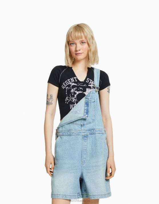 hellblau Bershka Frauen Jeansoverall mit Zimmermannsdetails H00J265