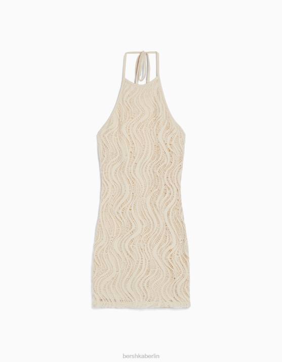 Beige Bershka Frauen Gehäkeltes Neckholder-Minikleid H00J1931