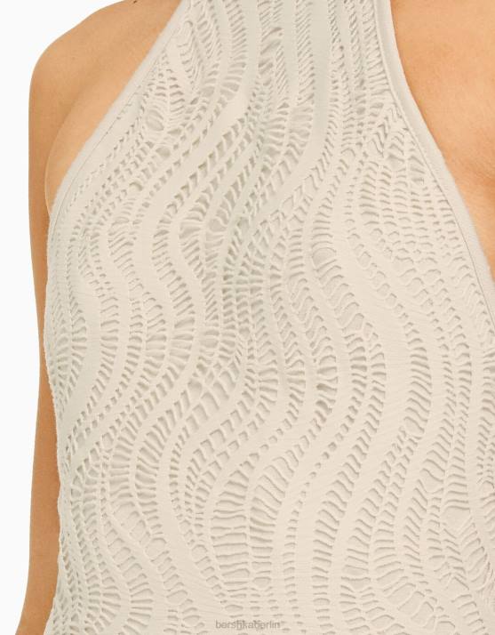 Beige Bershka Frauen Gehäkeltes Neckholder-Minikleid H00J1931