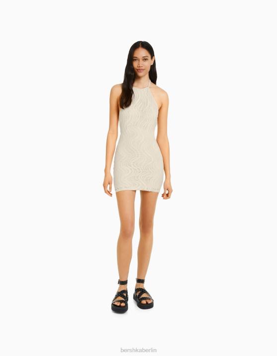 Beige Bershka Frauen Gehäkeltes Neckholder-Minikleid H00J202