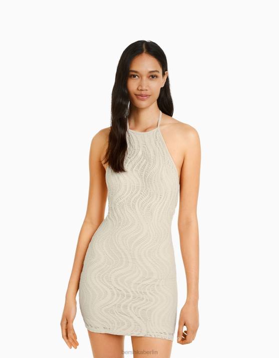 Beige Bershka Frauen Gehäkeltes Neckholder-Minikleid H00J202