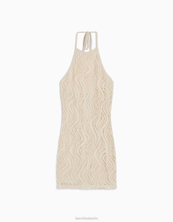 Beige Bershka Frauen Gehäkeltes Neckholder-Minikleid H00J202