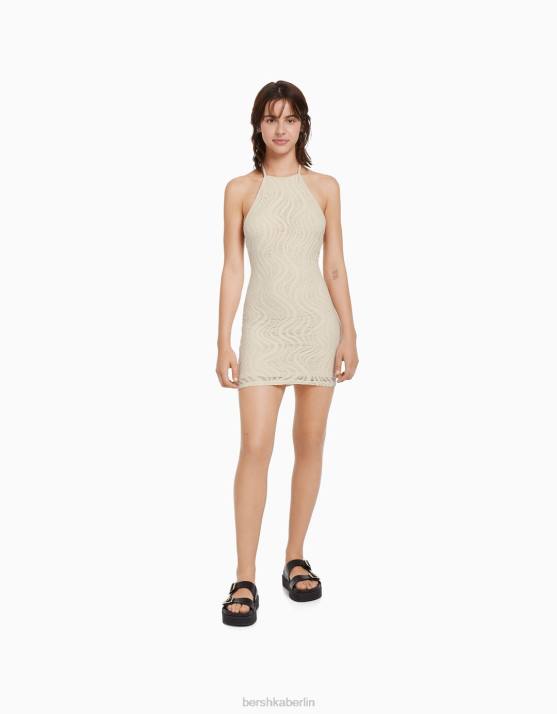 Beige Bershka Frauen Gehäkeltes Neckholder-Minikleid H00J4101