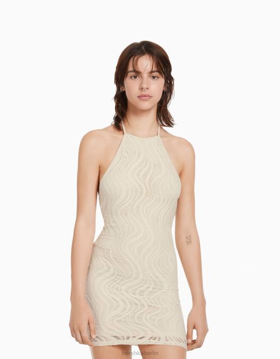 Beige Bershka Frauen Gehäkeltes Neckholder-Minikleid H00J4101