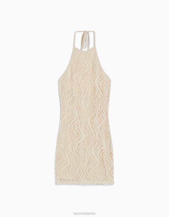 Beige Bershka Frauen Gehäkeltes Neckholder-Minikleid H00J4101