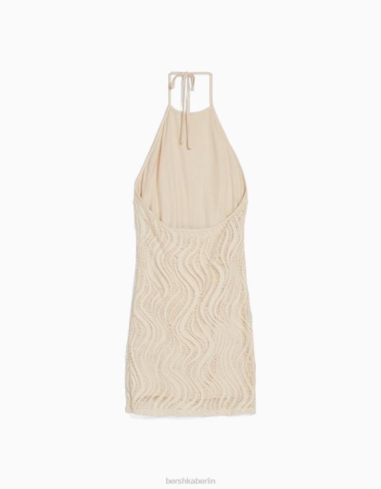 Beige Bershka Frauen Gehäkeltes Neckholder-Minikleid H00J4101