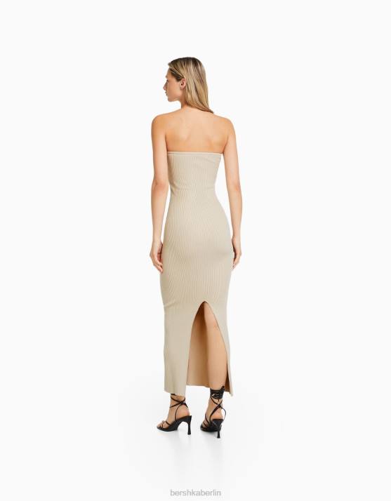 Beige Bershka Frauen Midikleid mit Bandeau-Ausschnitt H00J42