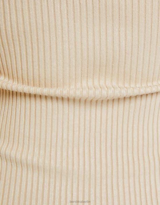 Beige Bershka Frauen Midikleid mit Bandeau-Ausschnitt H00J42