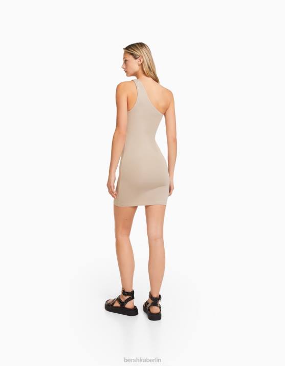 Beige Bershka Frauen Minikleid mit asymmetrischen Trägern H00J167