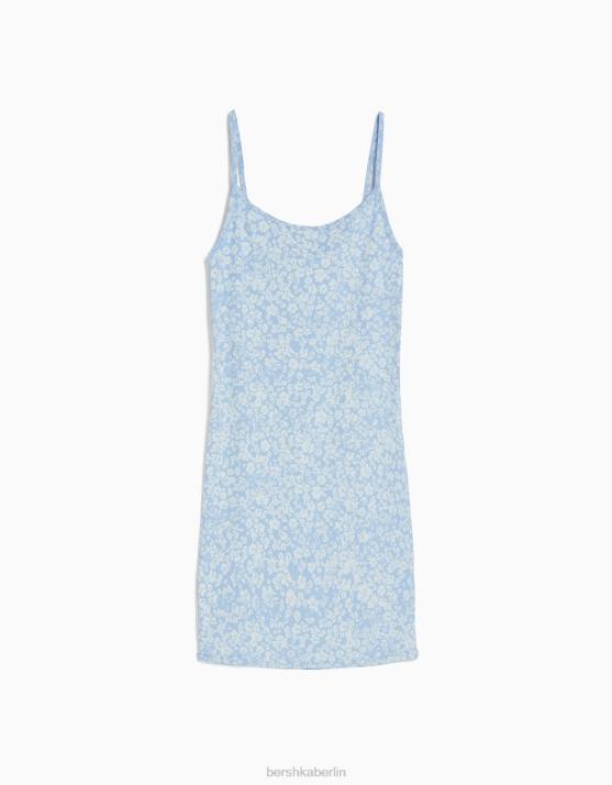 Blau Bershka Frauen Geripptes, bedrucktes Minikleid mit Trägern H00J12