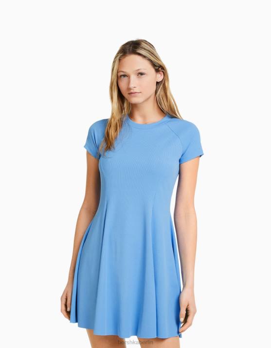 Blau Bershka Frauen Kurzärmliges Mini-Skaterkleid H00J145