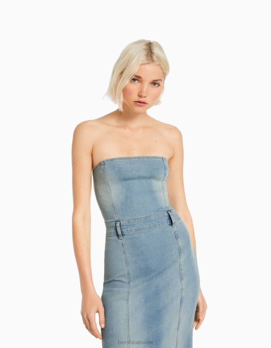 Blau Bershka Frauen Langes Bandeau-Jeanskleid H00J109
