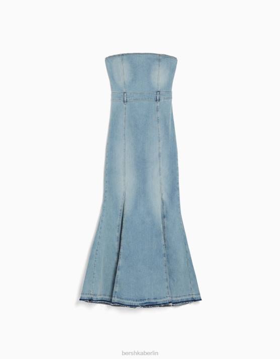 Blau Bershka Frauen Langes Bandeau-Jeanskleid H00J109