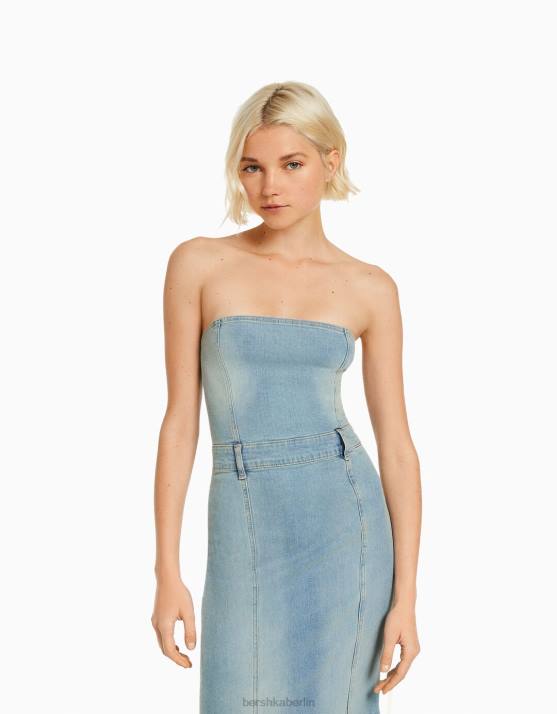 Blau Bershka Frauen Langes Bandeau-Jeanskleid H00J1912