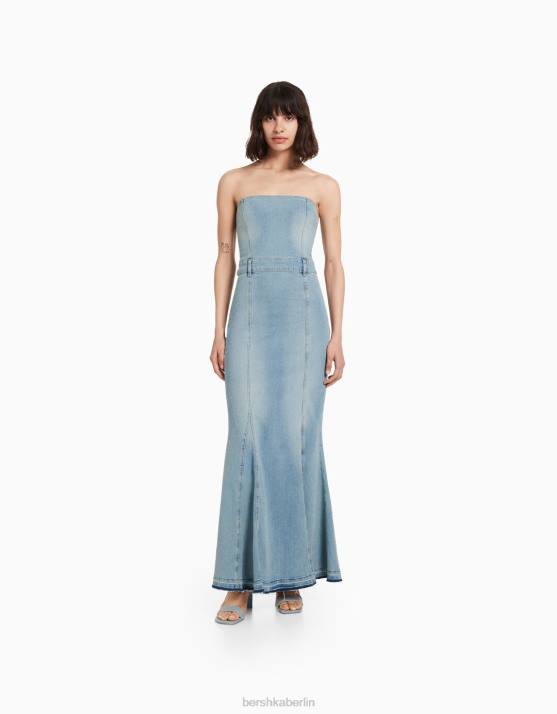 Blau Bershka Frauen Langes Bandeau-Jeanskleid H00J1922