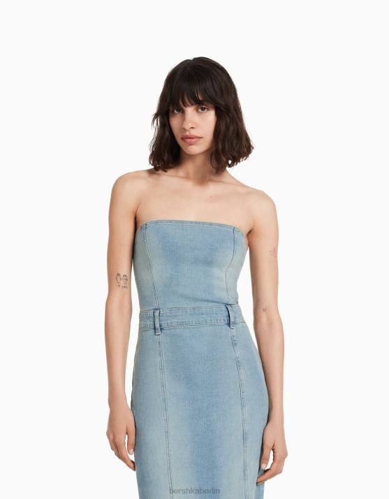 Blau Bershka Frauen Langes Bandeau-Jeanskleid H00J1922