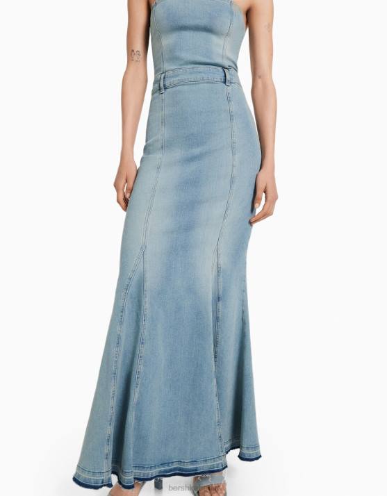 Blau Bershka Frauen Langes Bandeau-Jeanskleid H00J1922