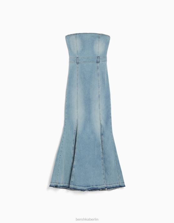 Blau Bershka Frauen Langes Bandeau-Jeanskleid H00J1922