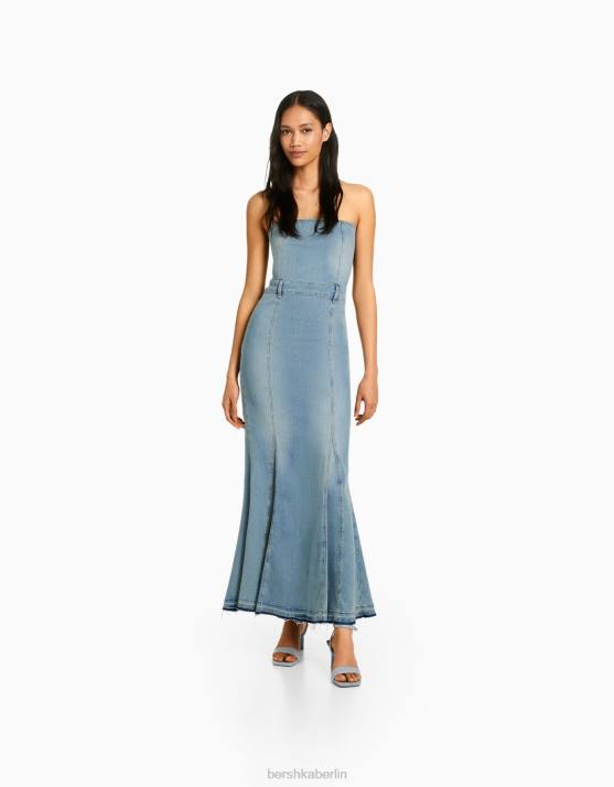 Blau Bershka Frauen Langes Bandeau-Jeanskleid H00J1945