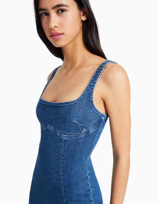 Blau Bershka Frauen Langes Jeanskleid mit Trägern H00J26