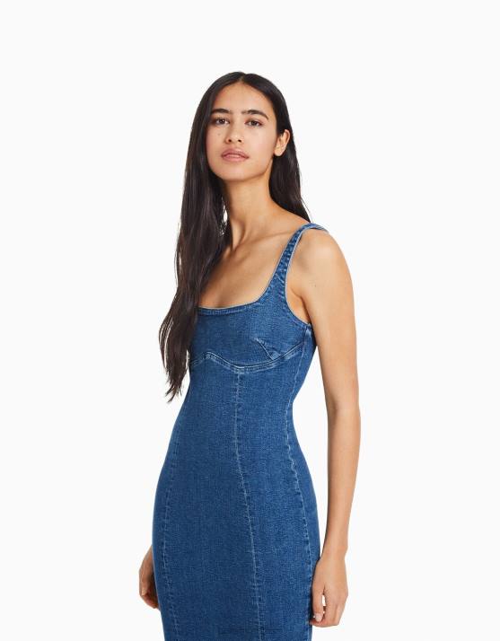 Blau Bershka Frauen Langes Jeanskleid mit Trägern H00J26
