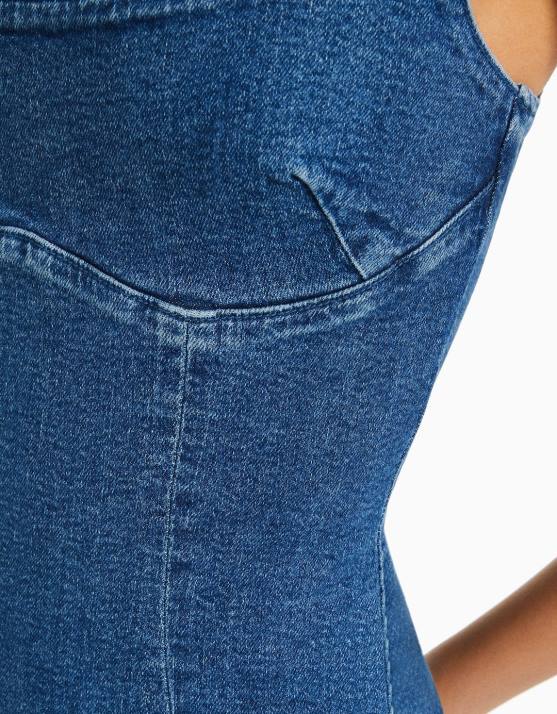 Blau Bershka Frauen Langes Jeanskleid mit Trägern H00J26