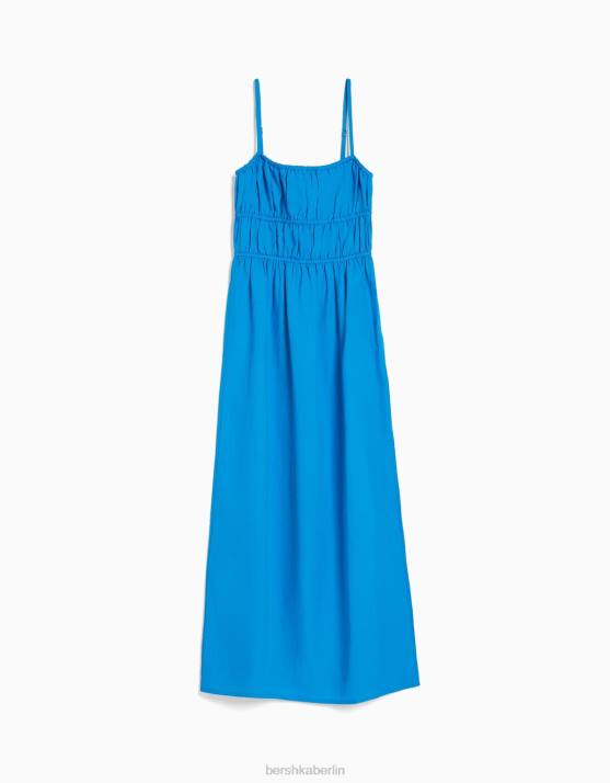Blau Bershka Frauen Midikleid aus Leinenmischung mit Trägern H00J13