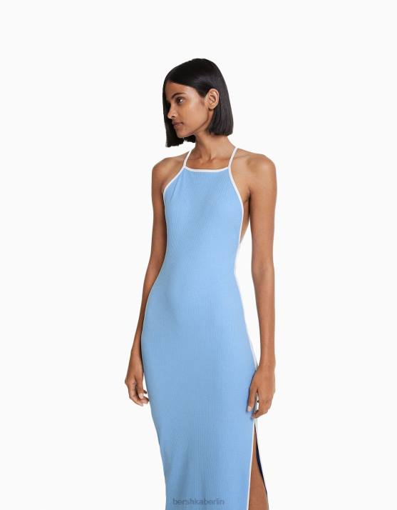Blau Bershka Frauen Midikleid mit kontrastierenden Trägern H00J194