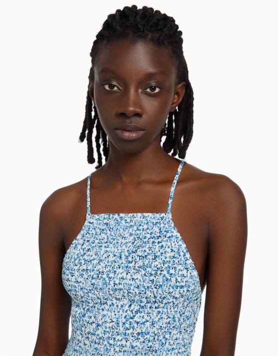 Blau Bershka Frauen Minikleid mit Neckholder-Print H00J270