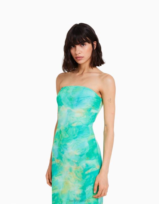 Blau Bershka Frauen Schulterfreies Midikleid mit Aufdruck H00J1845