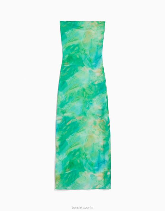 Blau Bershka Frauen Schulterfreies Midikleid mit Aufdruck H00J1845