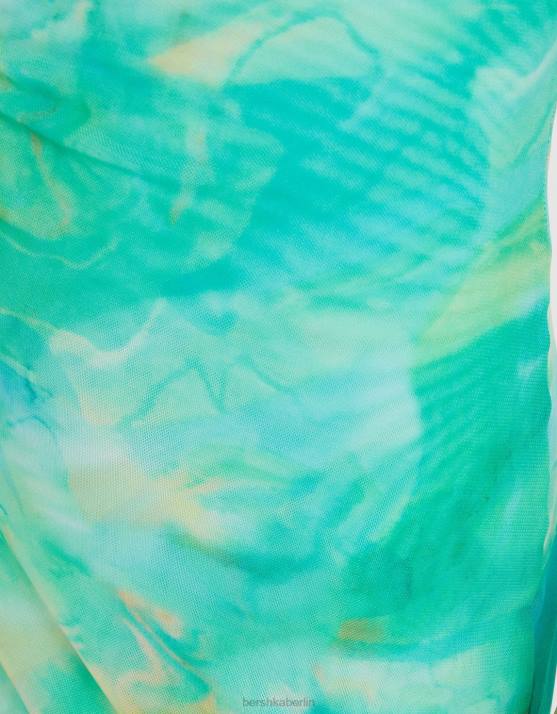 Blau Bershka Frauen Schulterfreies Midikleid mit Aufdruck H00J93