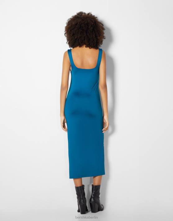 Blau Bershka Frauen Tailliertes Midikleid mit Trägern H00J260