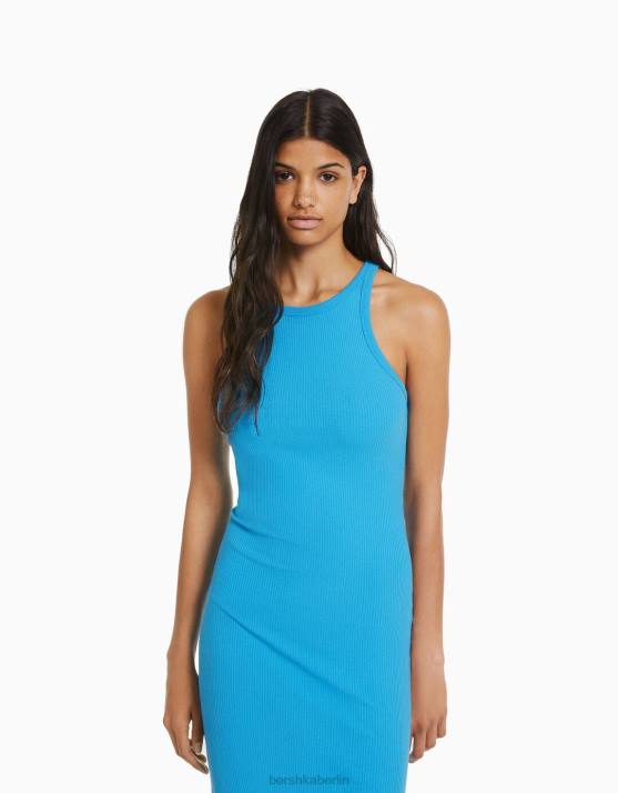 Blau Bershka Frauen geripptes ärmelloses Midikleid H00J2