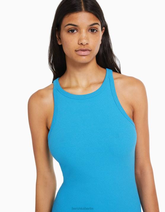 Blau Bershka Frauen geripptes ärmelloses Midikleid H00J2