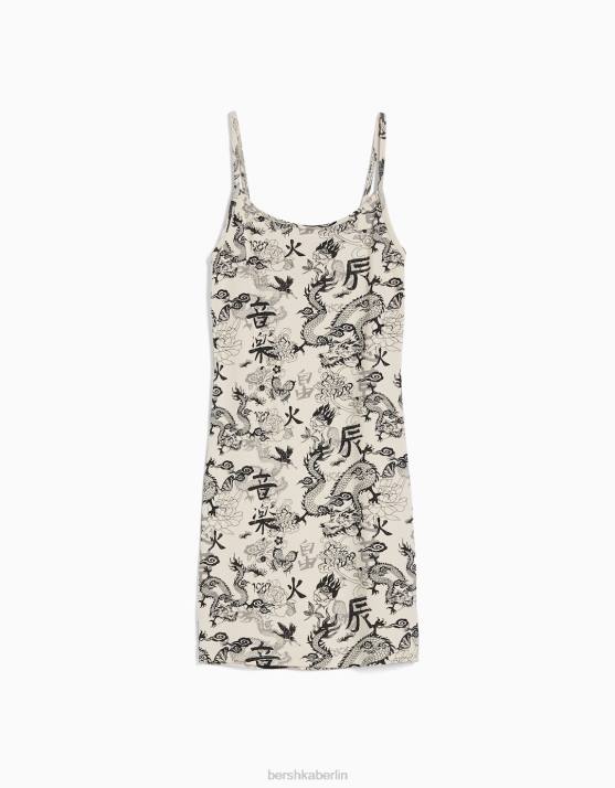 Creme Bershka Frauen Geripptes, bedrucktes Minikleid mit Trägern H00J11