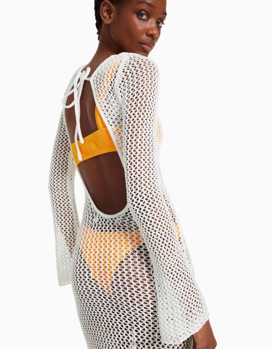 Creme Bershka Frauen Langärmliges Midi-Mesh-Kleid H00J999