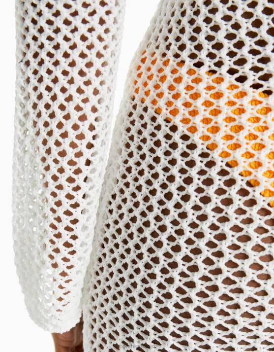 Creme Bershka Frauen Langärmliges Midi-Mesh-Kleid H00J999