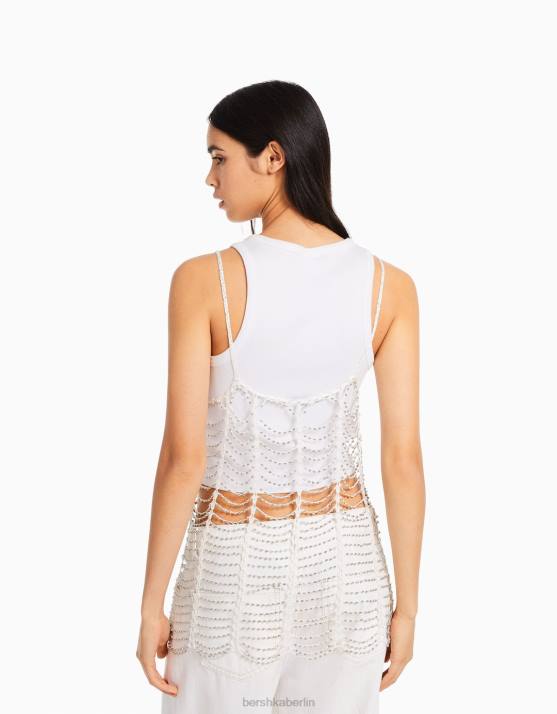 Creme Bershka Frauen Minikleid aus Netzstoff mit Trägern und Strasssteinen H00J140