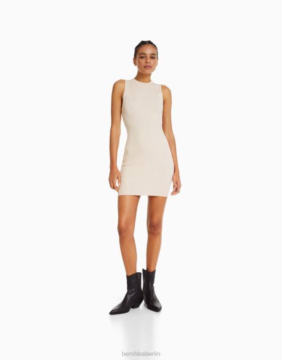 Creme Bershka Frauen Minikleid aus Rippstrick H00J244