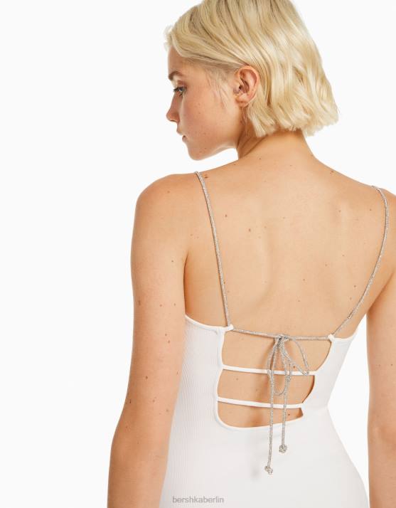 Creme Bershka Frauen Minikleid mit Strass-Trägern und gerippter Schnürung H00J135