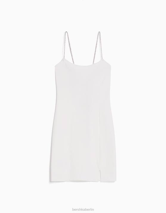 Creme Bershka Frauen Minikleid mit Strass-Trägern und gerippter Schnürung H00J135
