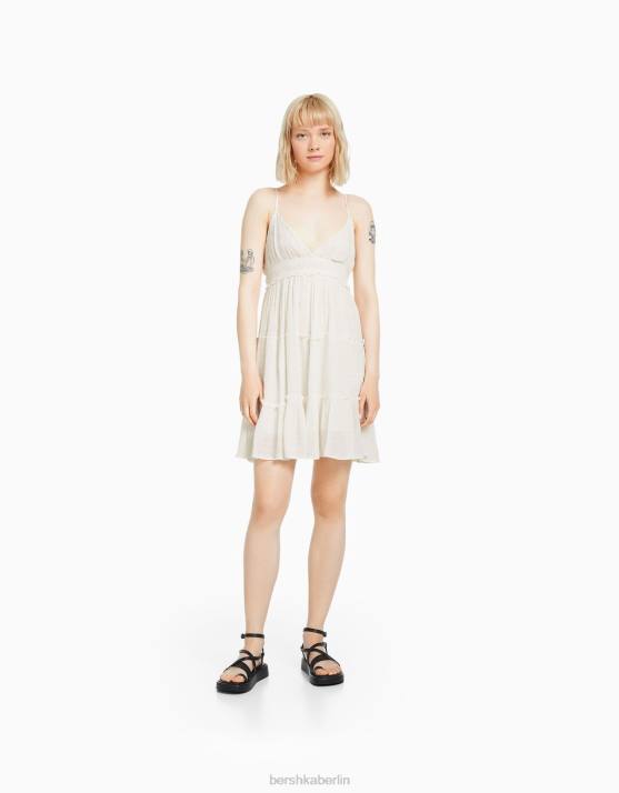 Creme Bershka Frauen Minikleid mit gerüschten Trägern H00J4091