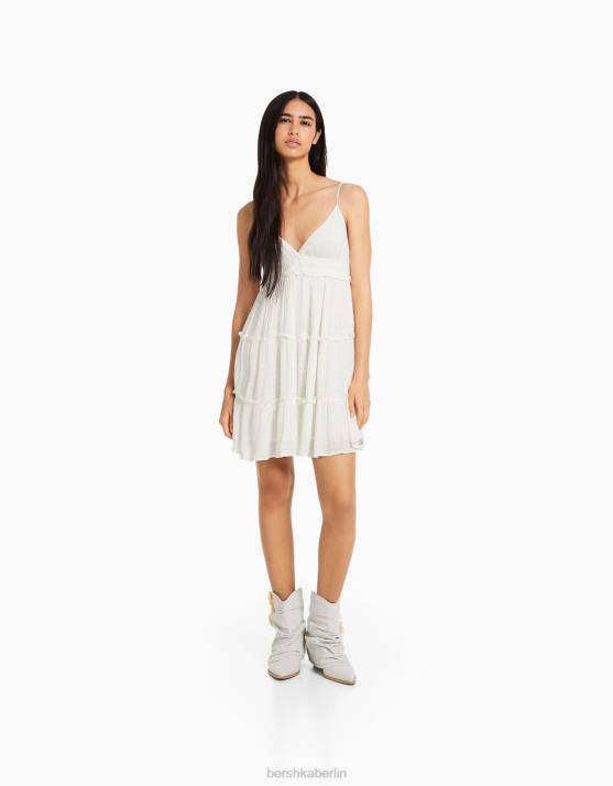 Creme Bershka Frauen Minikleid mit gerüschten Trägern H00J80