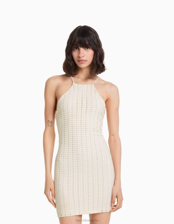 Creme Bershka Frauen Rustikales Neckholder-Minikleid H00J173