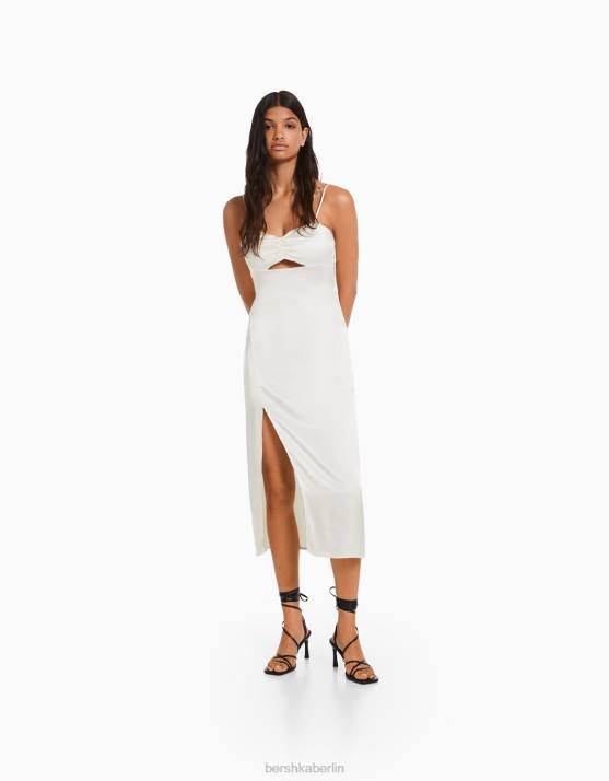 Creme Bershka Frauen Satin-Midikleid mit Trägern H00J177