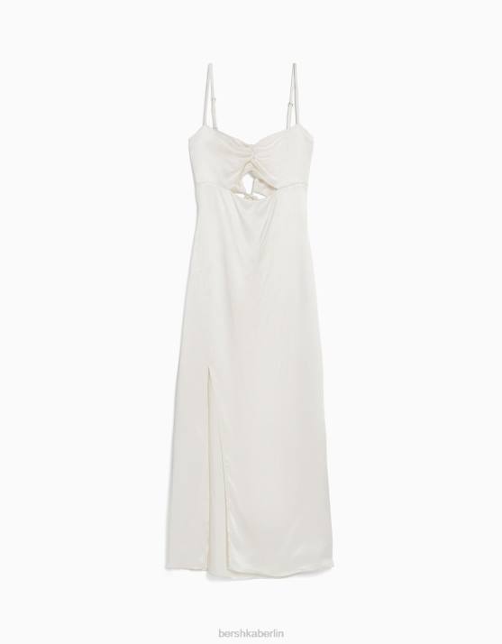 Creme Bershka Frauen Satin-Midikleid mit Trägern H00J177