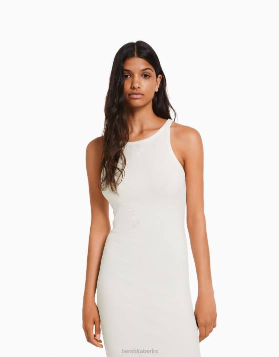 Creme Bershka Frauen geripptes ärmelloses Midikleid H00J1