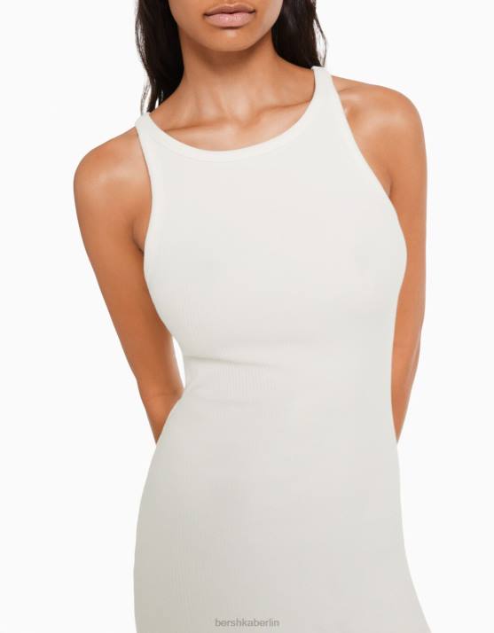 Creme Bershka Frauen geripptes ärmelloses Midikleid H00J1